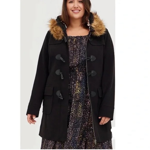 Torrid Hooded Fur Trim Toggle Coat Ponte Knit Black Leopard Lined Hood Size 6X - Picture 3 of 7